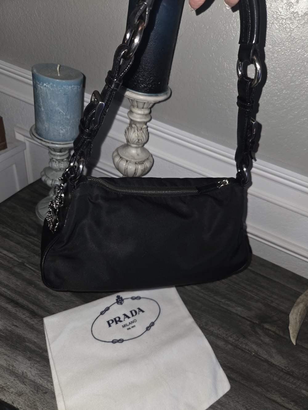 Prada Black Nylon Shoulder Bag with Chain-Link Strap - Picture 9 of 16